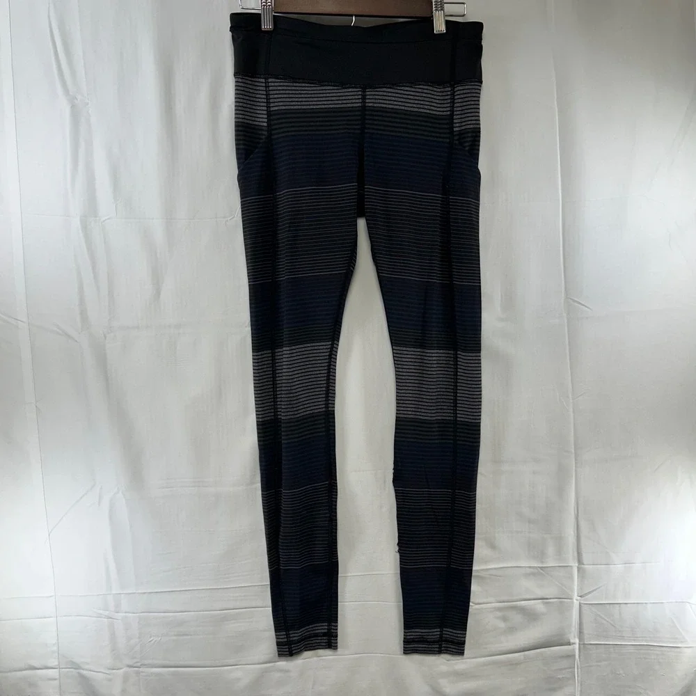 Lululemon Speed Up Tight Womens 8 Black Grey Blue Striped Running Leggings